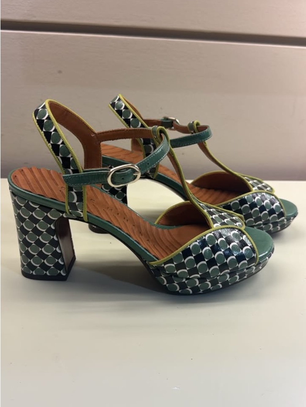 Chie Mihara Green Patterned T-Strap Heels with Olive Trim - Picture 2 of 6